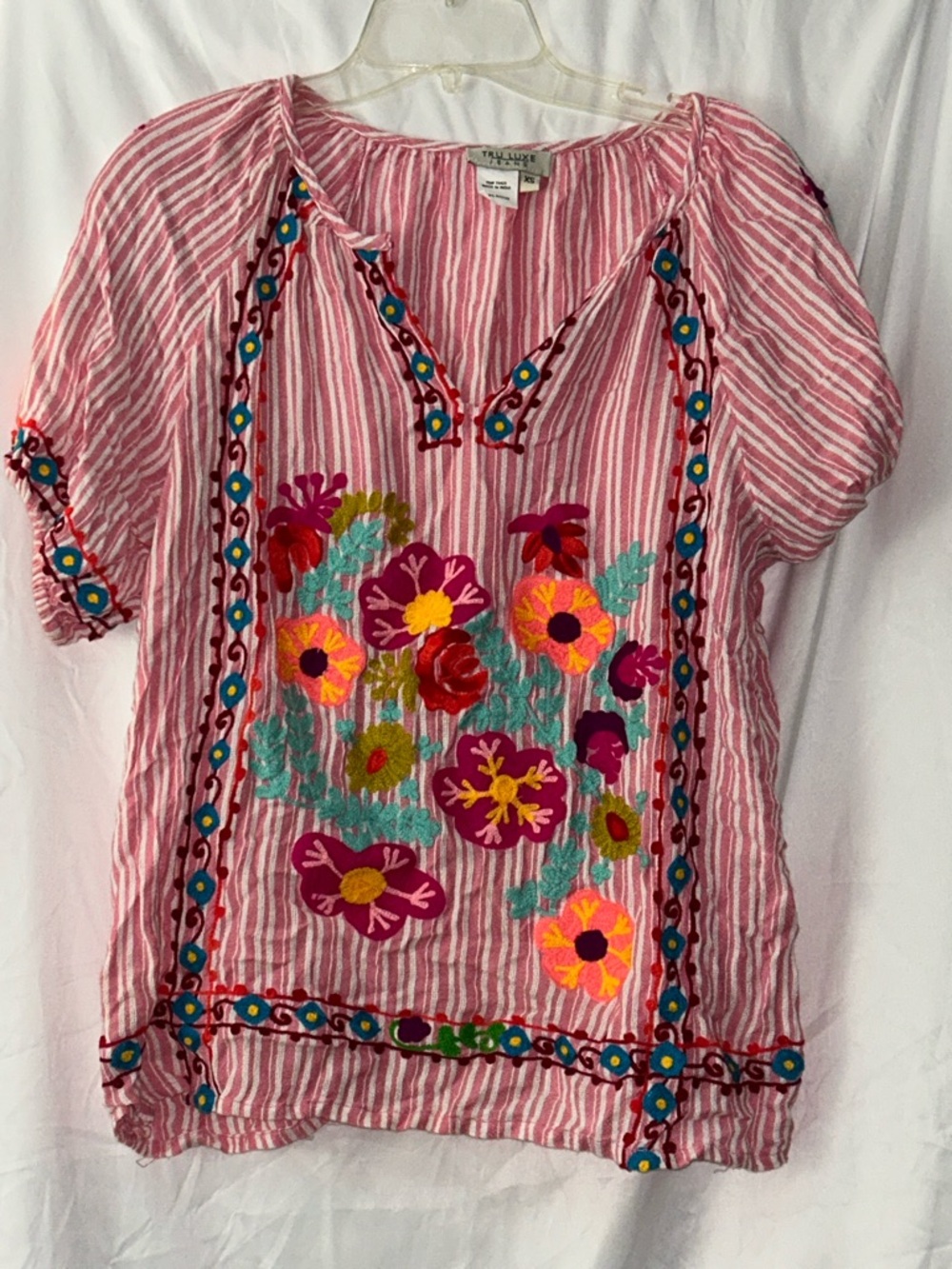 Tru Luxe Pink Striped Tunic with Colorful Floral Embroidery